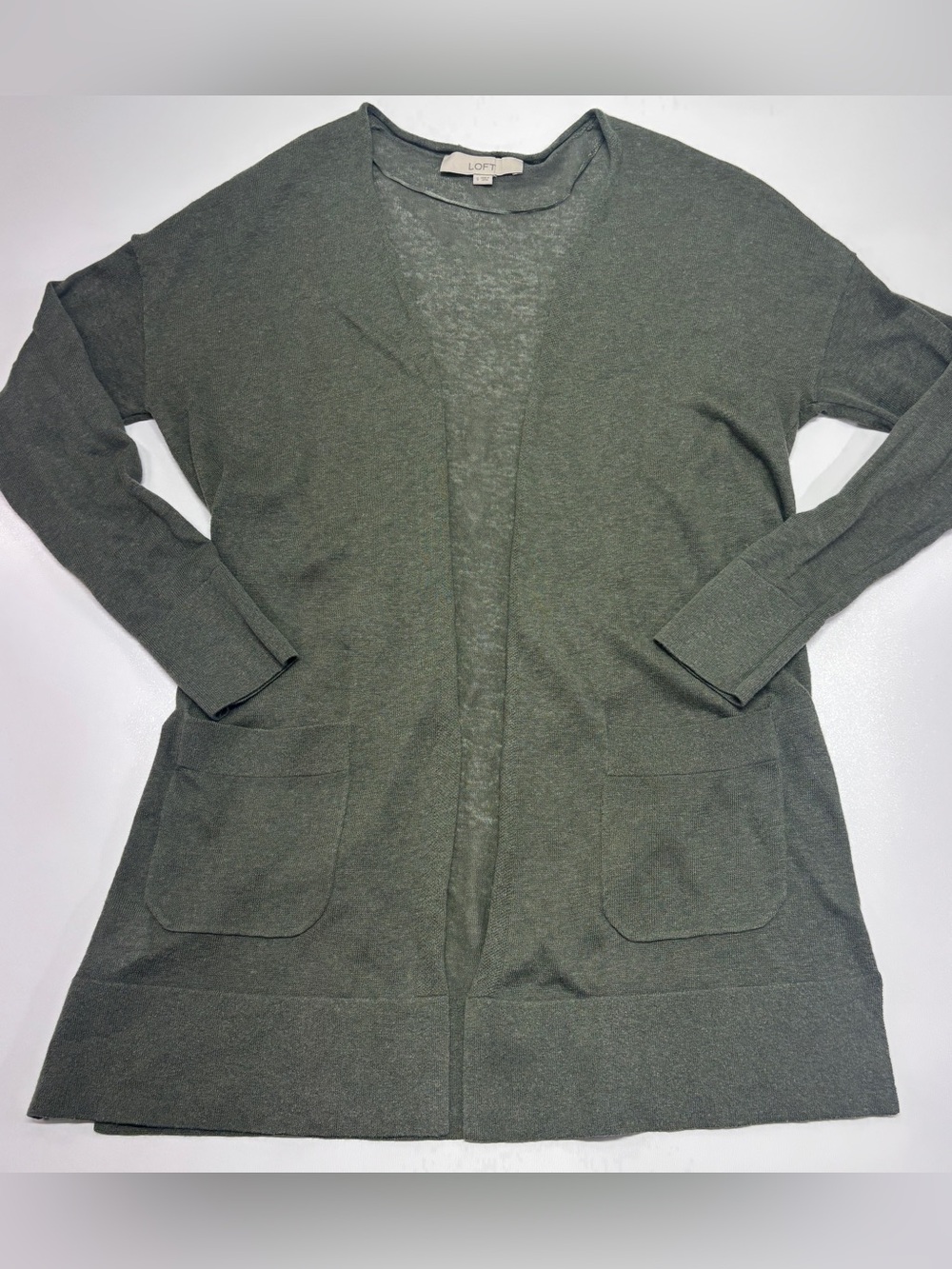 LOFT Olive Green Linen Blend Open Front Cardigan Coastal Quiet Luxury Size S